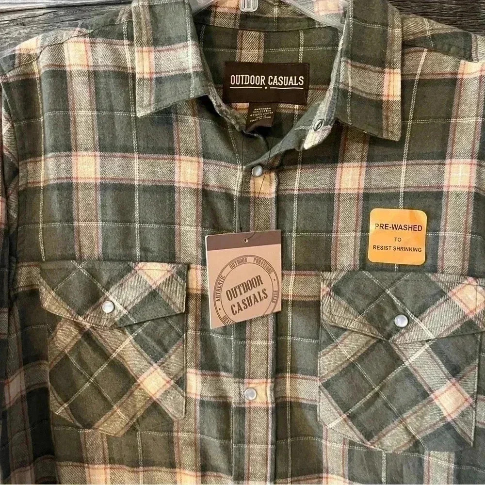 Outdoor Casuals Flannel Shirt Men's M Button-Up Green Plaid Long Sleeve NWT - Picture 4 of 6